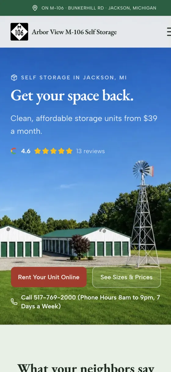 Arbor View M-106 Self Storage website on a phone