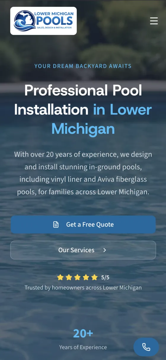 Lower Michigan Pools website on a phone